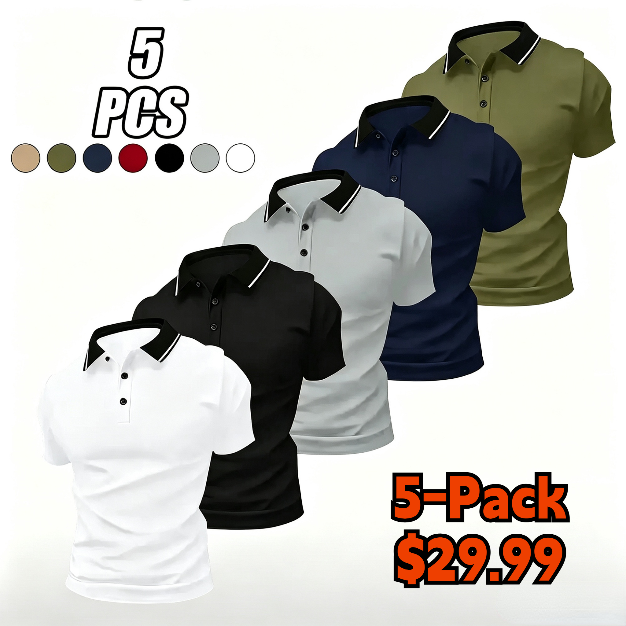 Men’s summer solid-color polo shirt set with a turn-down collar, made from comfortable, breathable fabric