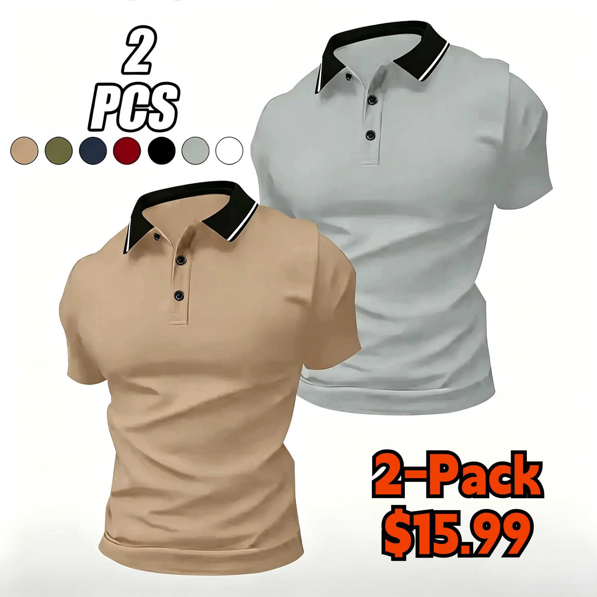 Men’s summer solid-color polo shirt set with a turn-down collar, made from comfortable, breathable fabric