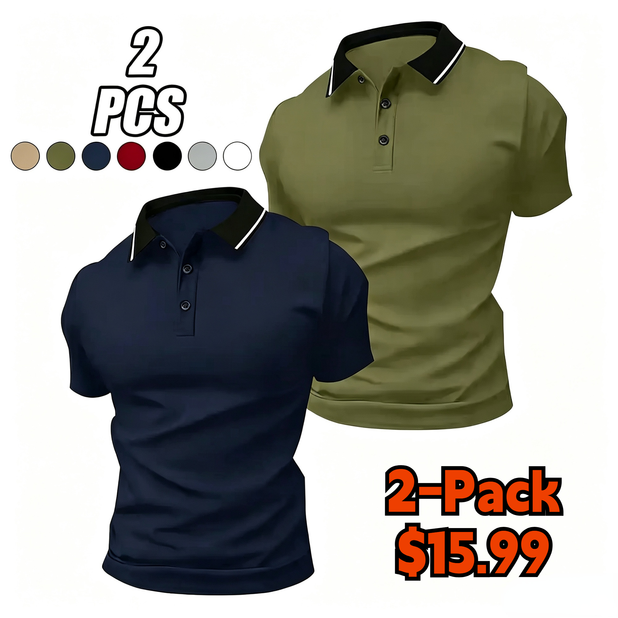 Men’s summer solid-color polo shirt set with a turn-down collar, made from comfortable, breathable fabric