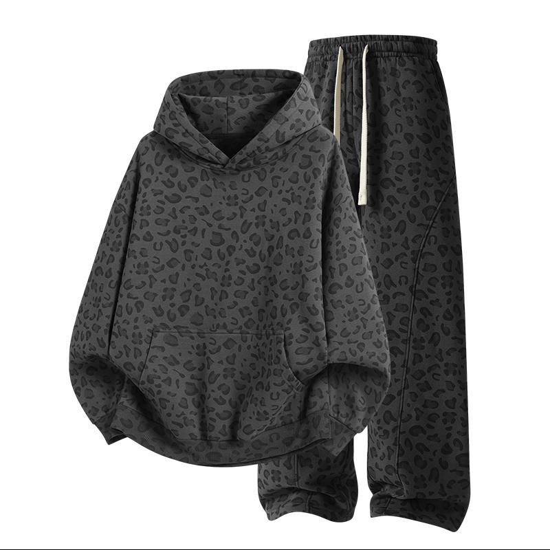 Men's Cotton 2-Piece All-Over Leopard Print Streetwear Set - Loose-Fit Hoodie & Wide-Leg Pants, Casual Unboxing Gift, Multiple Colors