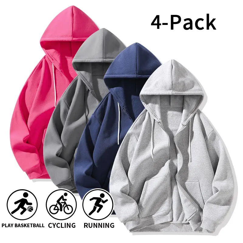 Unisex Full-Zip Hooded Sweatshirts, 4-Pack - Polyester Loose Fit