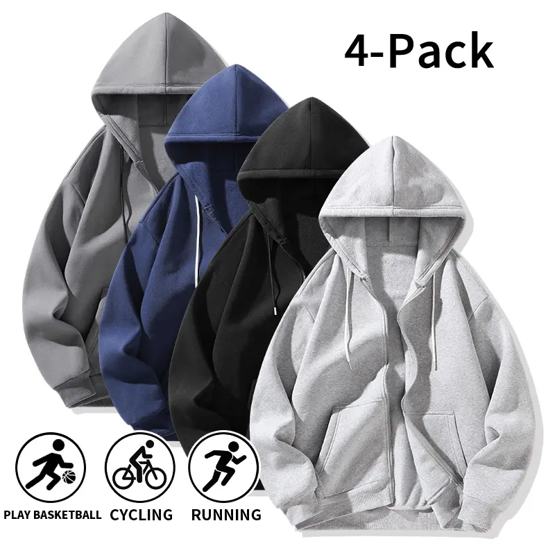 Unisex Full-Zip Hooded Sweatshirts, 4-Pack - Polyester Loose Fit