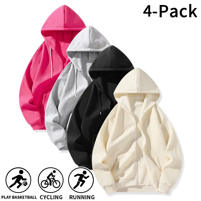Unisex Full-Zip Hooded Sweatshirts, 4-Pack - Polyester Loose Fit