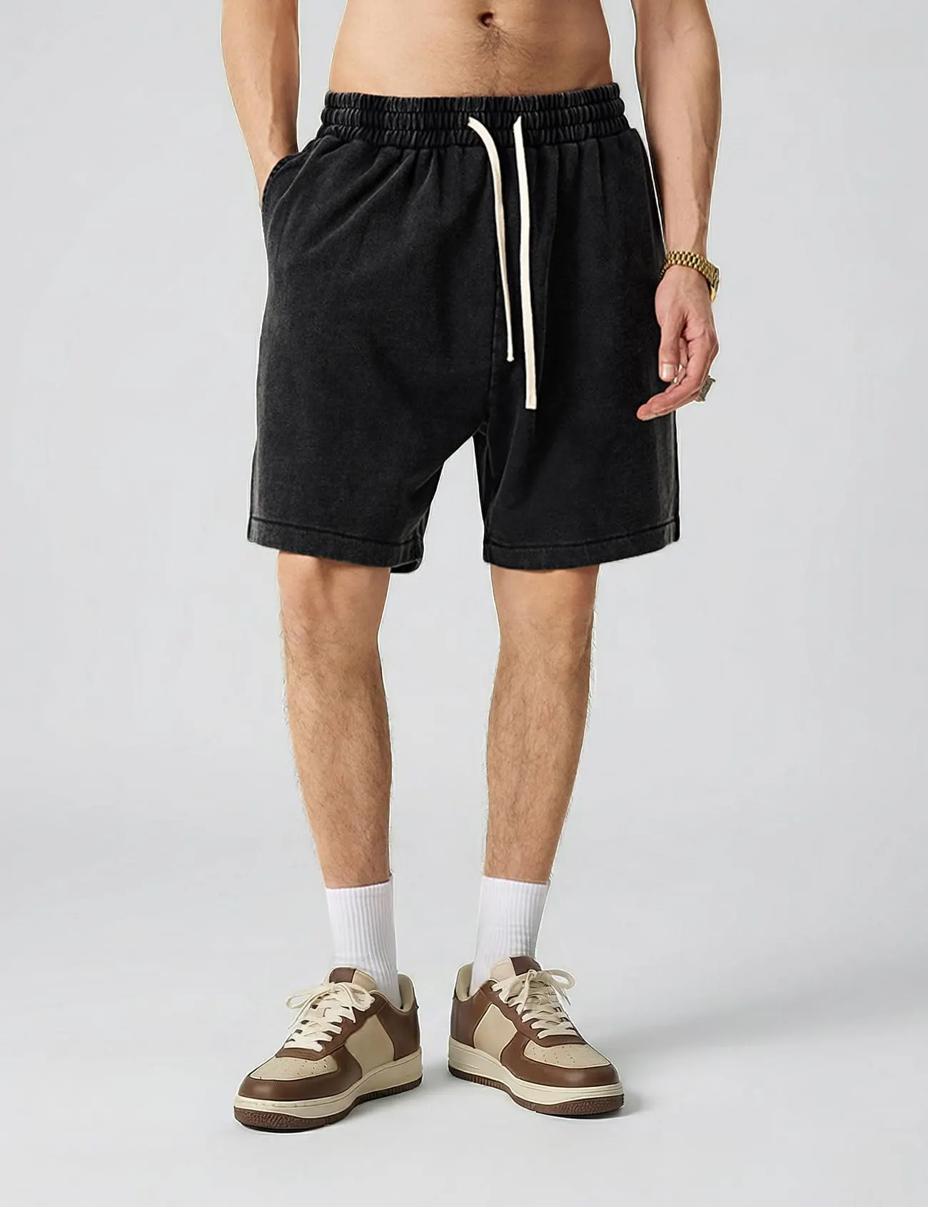 (3-Pack)Vintage Acid Wash Cotton Elastic Drawstring Pocket Casual Athletic Unisex Shorts