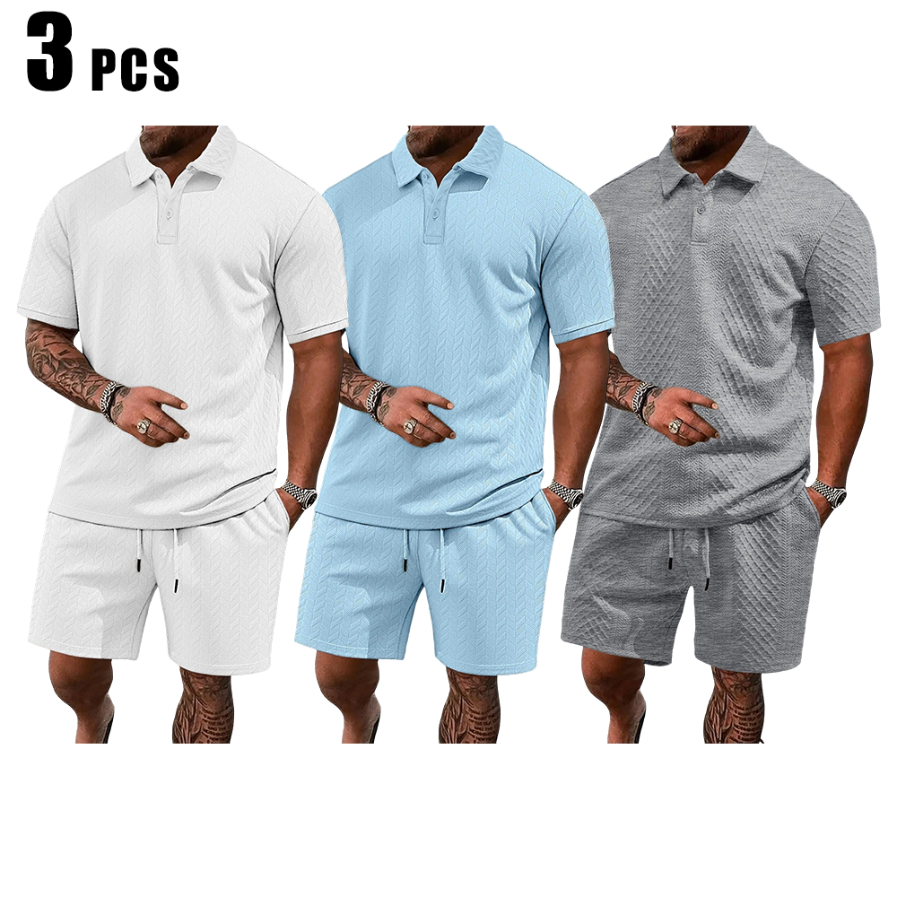 Men's Solid Polo Shirt & Drawstring Waist Shorts Set