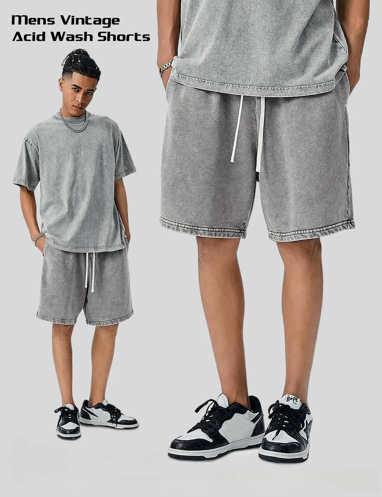 (3-Pack)Vintage Acid Wash Cotton Elastic Drawstring Pocket Casual Athletic Unisex Shorts