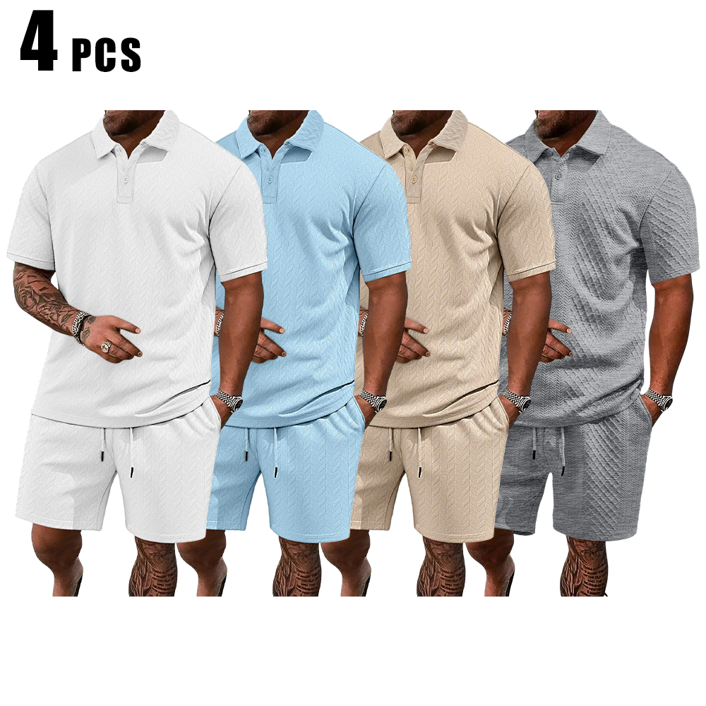 Men's Solid Polo Shirt & Drawstring Waist Shorts Set