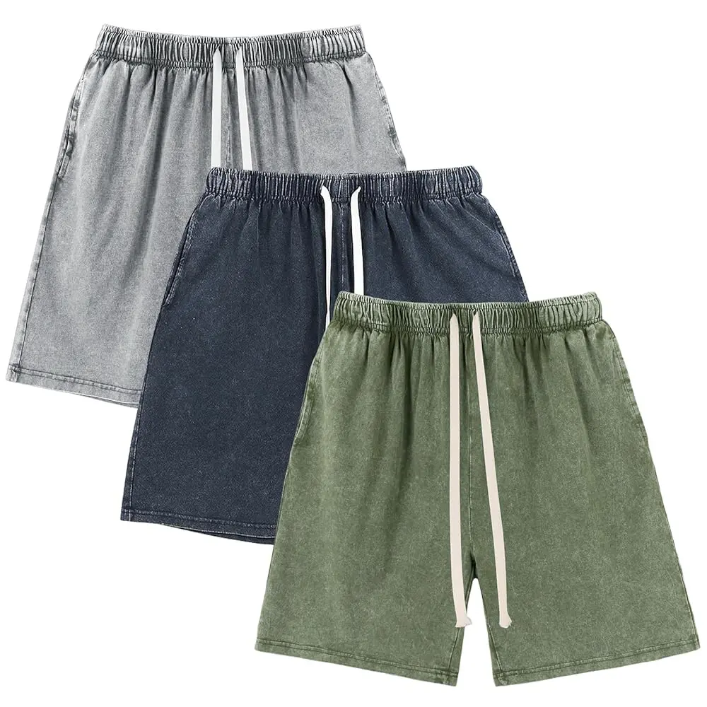 (3-Pack)Vintage Acid Wash Cotton Elastic Drawstring Pocket Casual Athletic Unisex Shorts