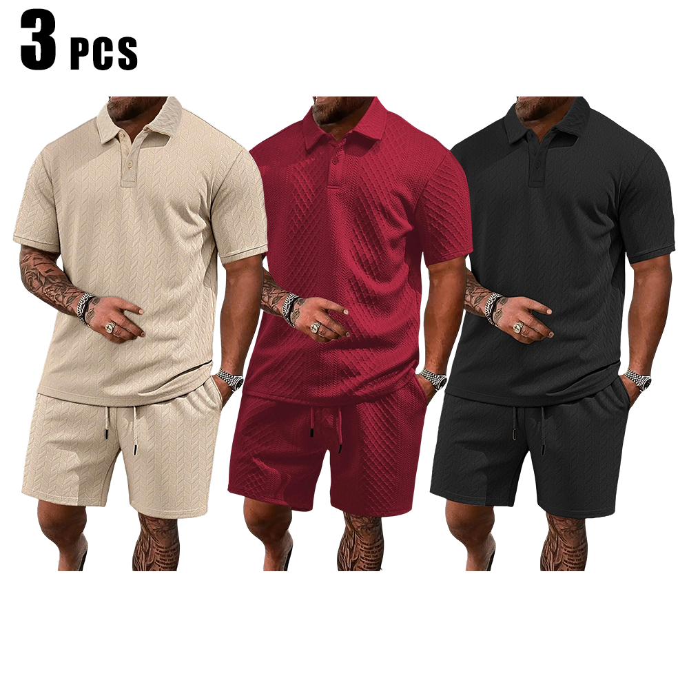 Men's Solid Polo Shirt & Drawstring Waist Shorts Set