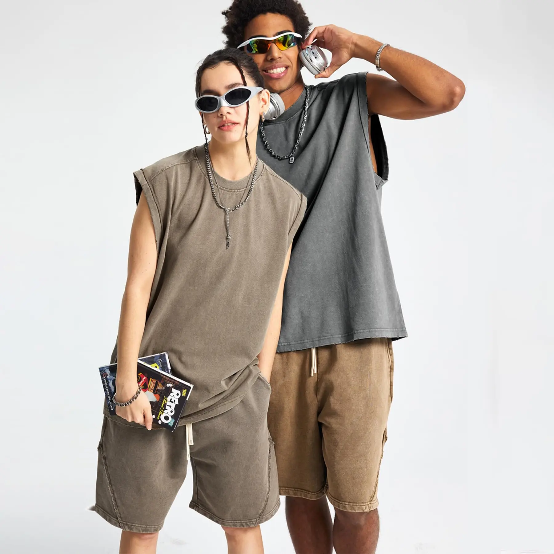 (3-pack)Unisex Acid Wash Tank Top - Vintage Cotton Tee