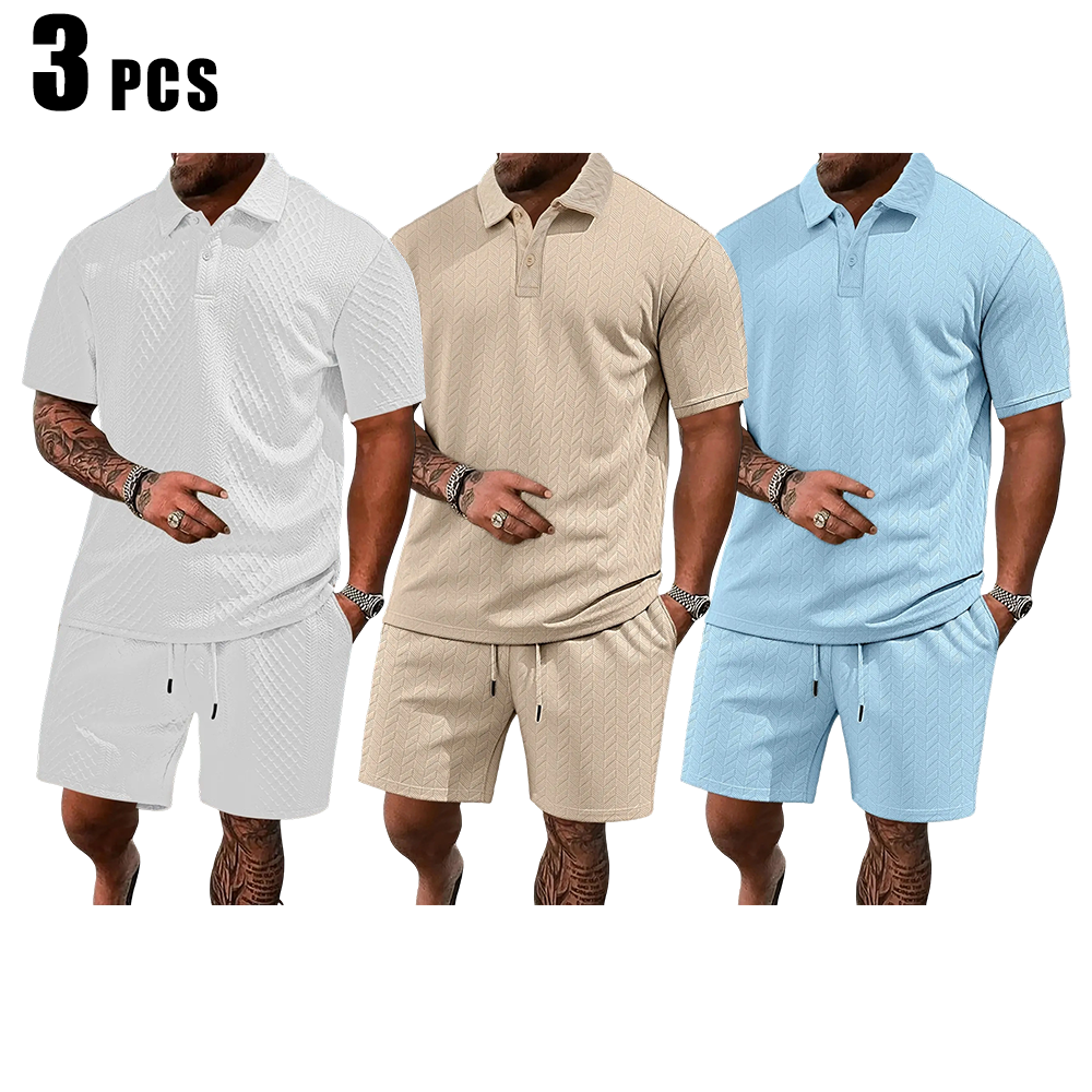 Men's Solid Polo Shirt & Drawstring Waist Shorts Set