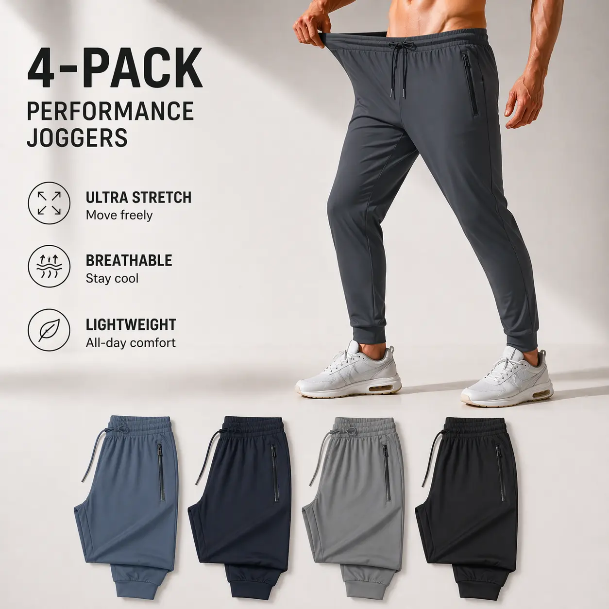 4-Pack Men's Joggers with Zipper Pockets
