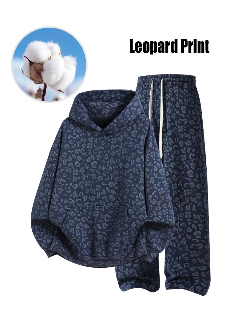 Men's Cotton 2-Piece All-Over Leopard Print Streetwear Set - Loose-Fit Hoodie & Wide-Leg Pants, Casual Unboxing Gift, Multiple Colors