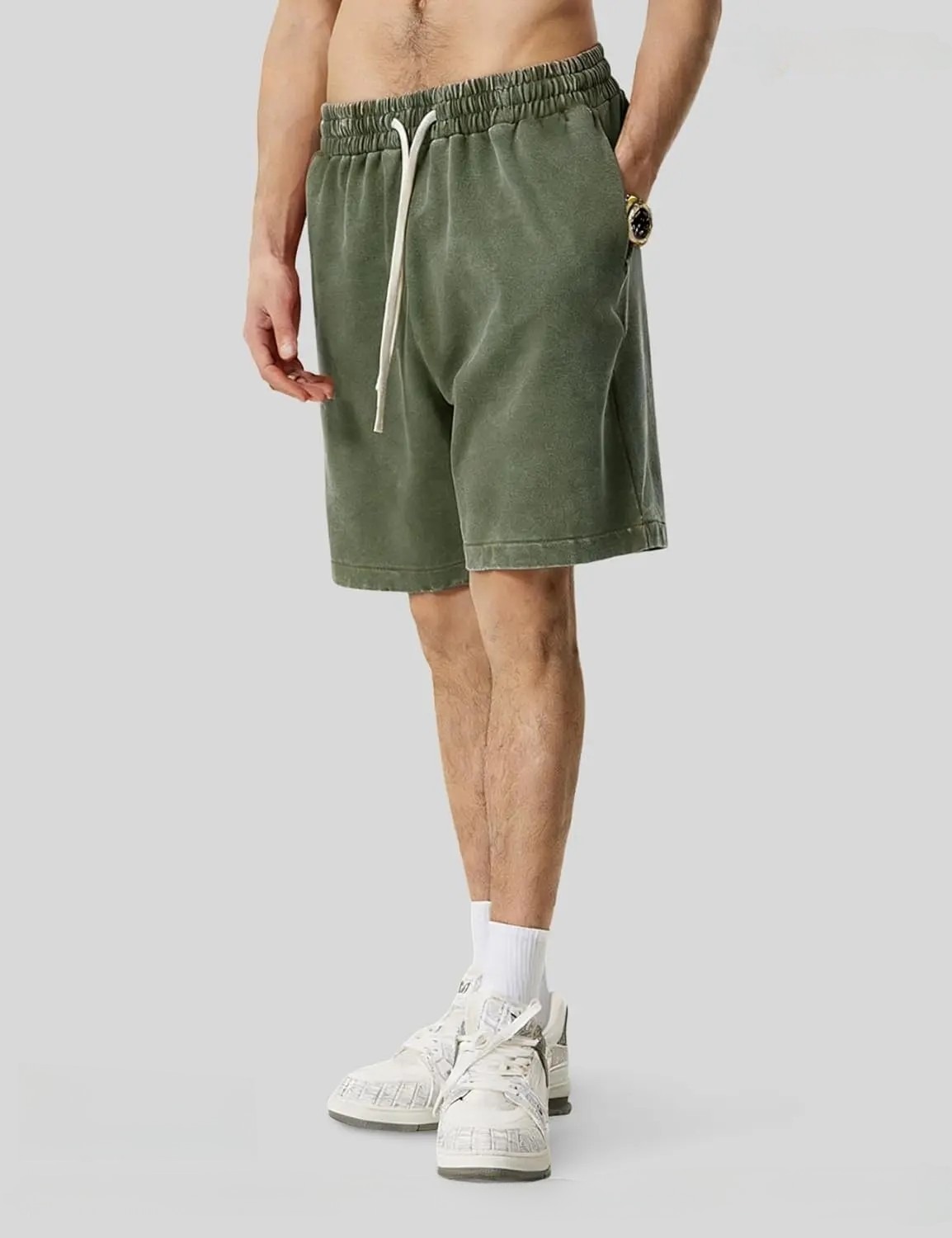 (3-Pack)Vintage Acid Wash Cotton Elastic Drawstring Pocket Casual Athletic Unisex Shorts