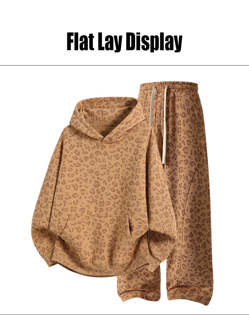 Men's Cotton 2-Piece All-Over Leopard Print Streetwear Set - Loose-Fit Hoodie & Wide-Leg Pants, Casual Unboxing Gift, Multiple Colors