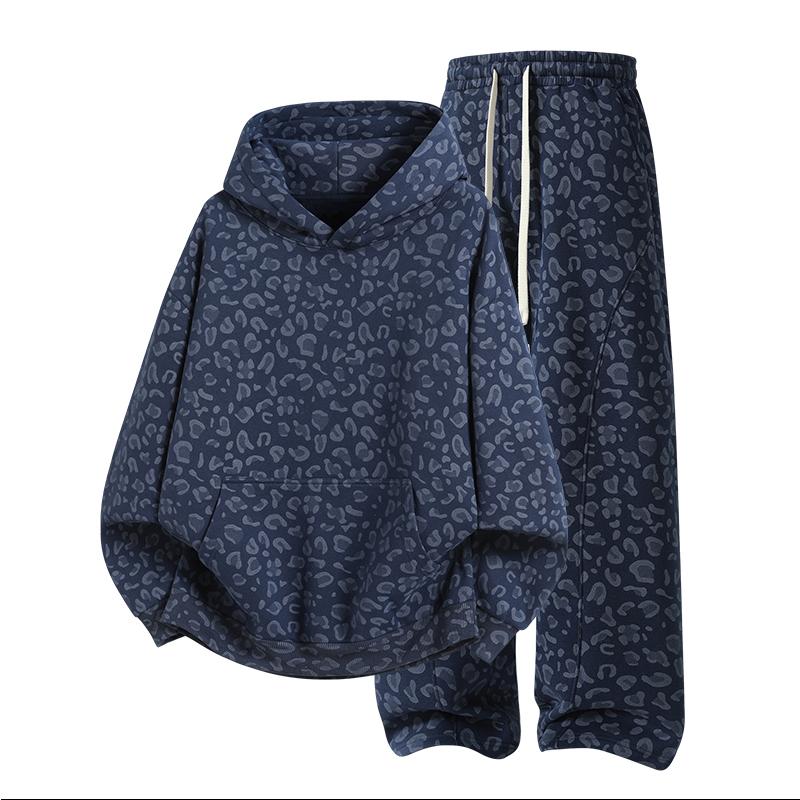 Men's Cotton 2-Piece All-Over Leopard Print Streetwear Set - Loose-Fit Hoodie & Wide-Leg Pants, Casual Unboxing Gift, Multiple Colors