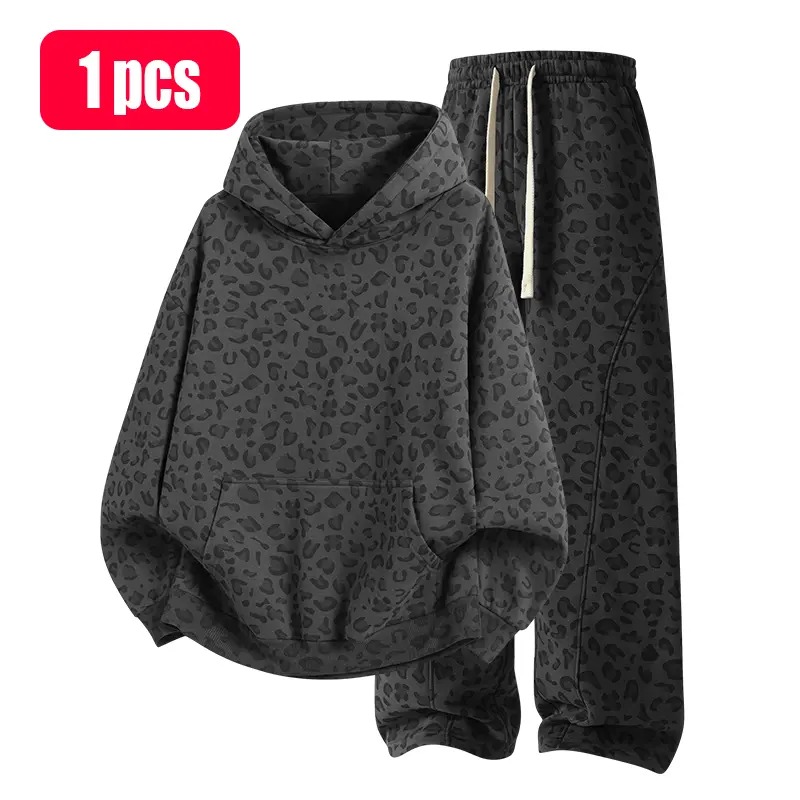 Cotton 2-Piece All-Over Leopard Print Streetwear Set - Loose-Fit Hoodie & Wide-Leg Pants, Casual Unboxing Gift, Multiple Colors