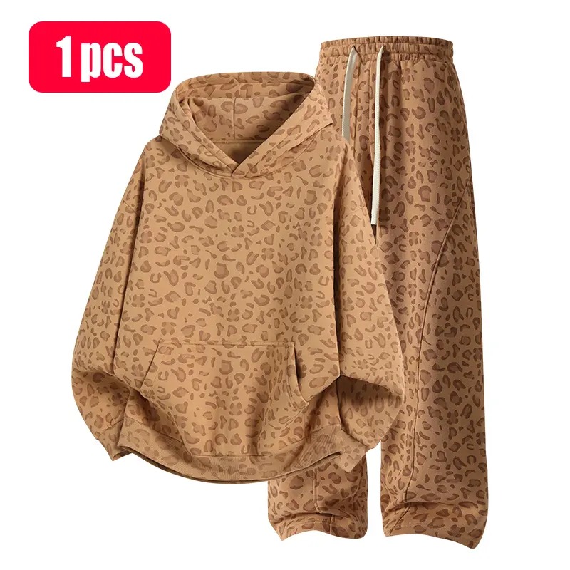 Cotton 2-Piece All-Over Leopard Print Streetwear Set - Loose-Fit Hoodie & Wide-Leg Pants, Casual Unboxing Gift, Multiple Colors