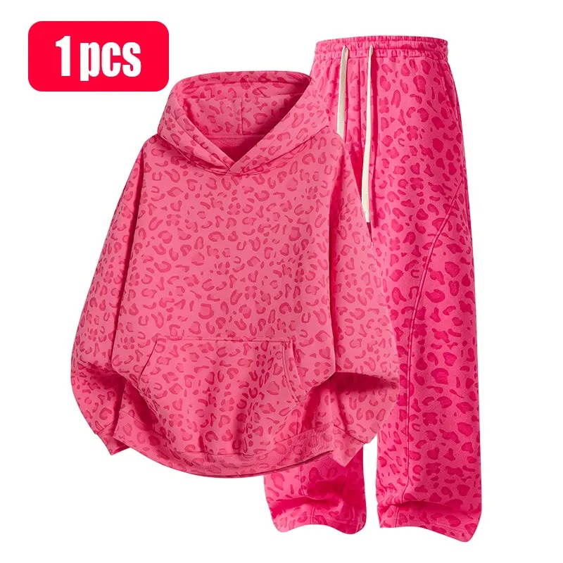 Cotton 2-Piece All-Over Leopard Print Streetwear Set - Loose-Fit Hoodie & Wide-Leg Pants, Casual Unboxing Gift, Multiple Colors