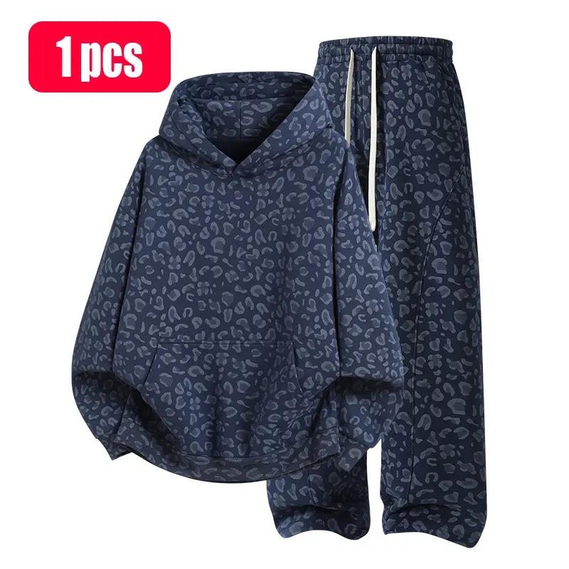 Cotton 2-Piece All-Over Leopard Print Streetwear Set - Loose-Fit Hoodie & Wide-Leg Pants, Casual Unboxing Gift, Multiple Colors