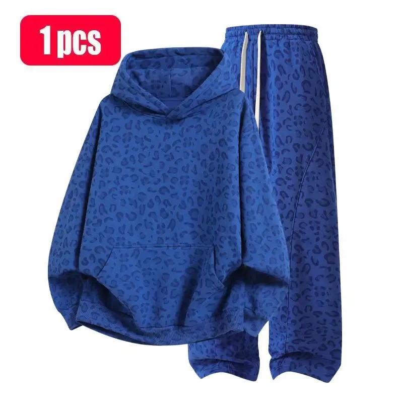Cotton 2-Piece All-Over Leopard Print Streetwear Set - Loose-Fit Hoodie & Wide-Leg Pants, Casual Unboxing Gift, Multiple Colors
