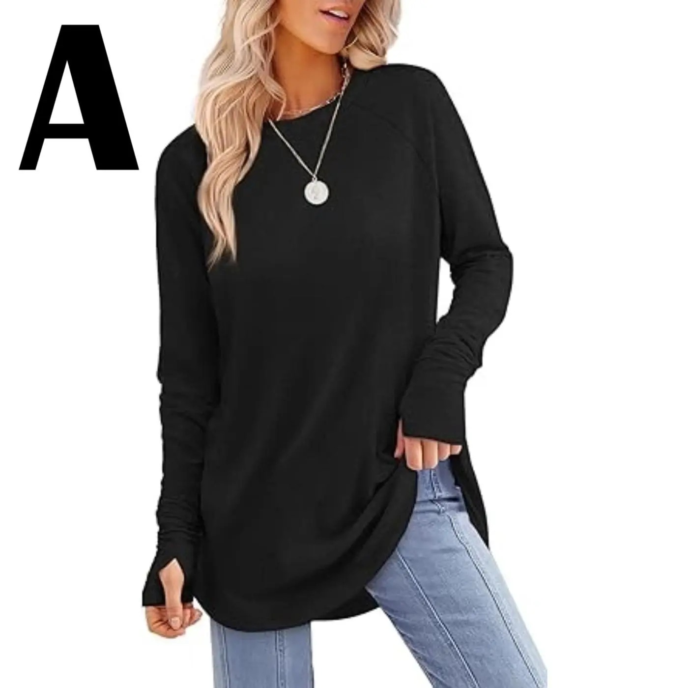  Women’s Casual Tunic Tops with Thumb Holes & Curved Hem
