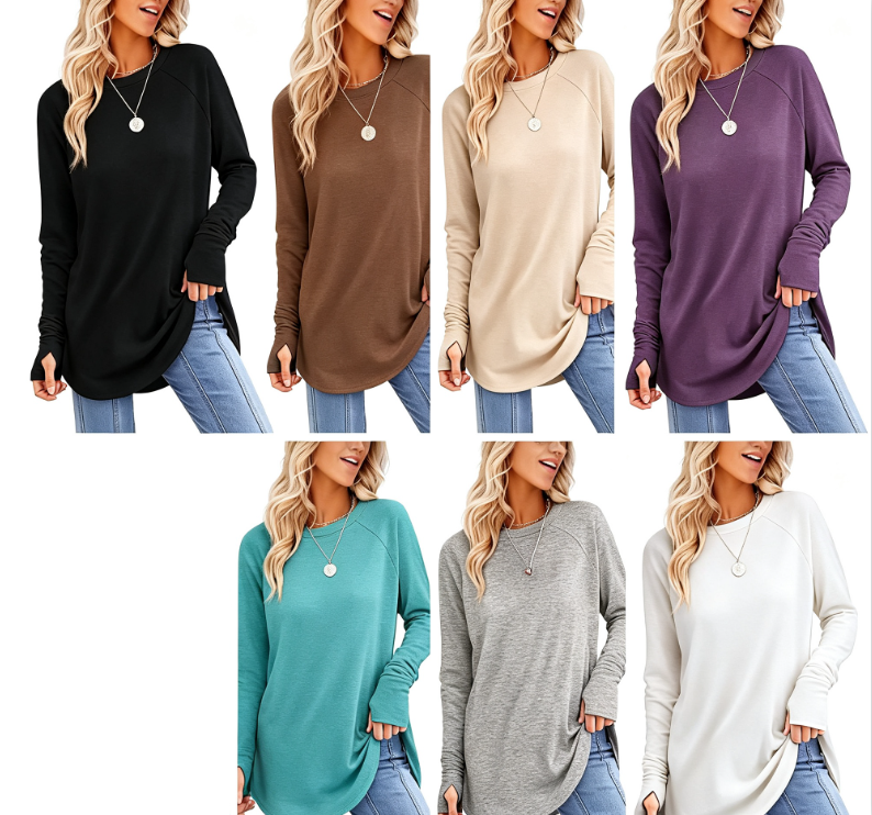  Women’s Casual Tunic Tops with Thumb Holes & Curved Hem