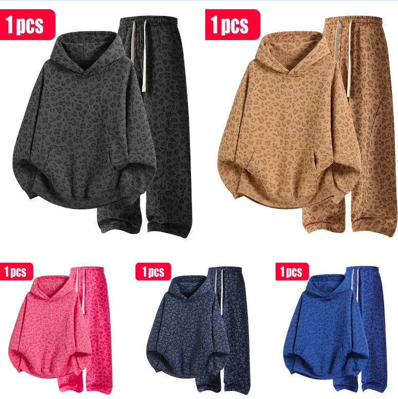 Cotton 2-Piece All-Over Leopard Print Streetwear Set - Loose-Fit Hoodie & Wide-Leg Pants, Casual Unboxing Gift, Multiple Colors