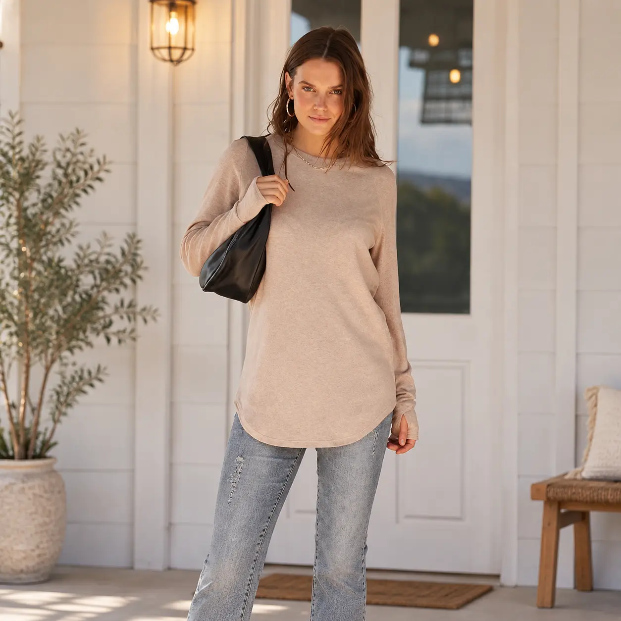  Women’s Casual Tunic Tops with Thumb Holes & Curved Hem