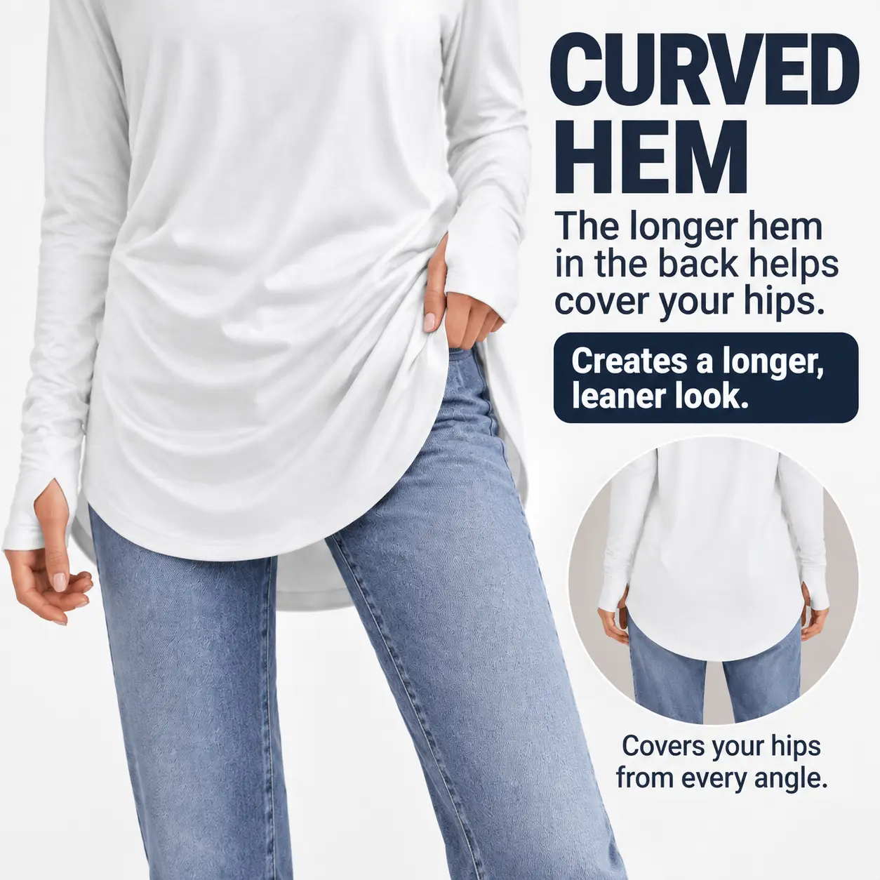  Women’s Casual Tunic Tops with Thumb Holes & Curved Hem