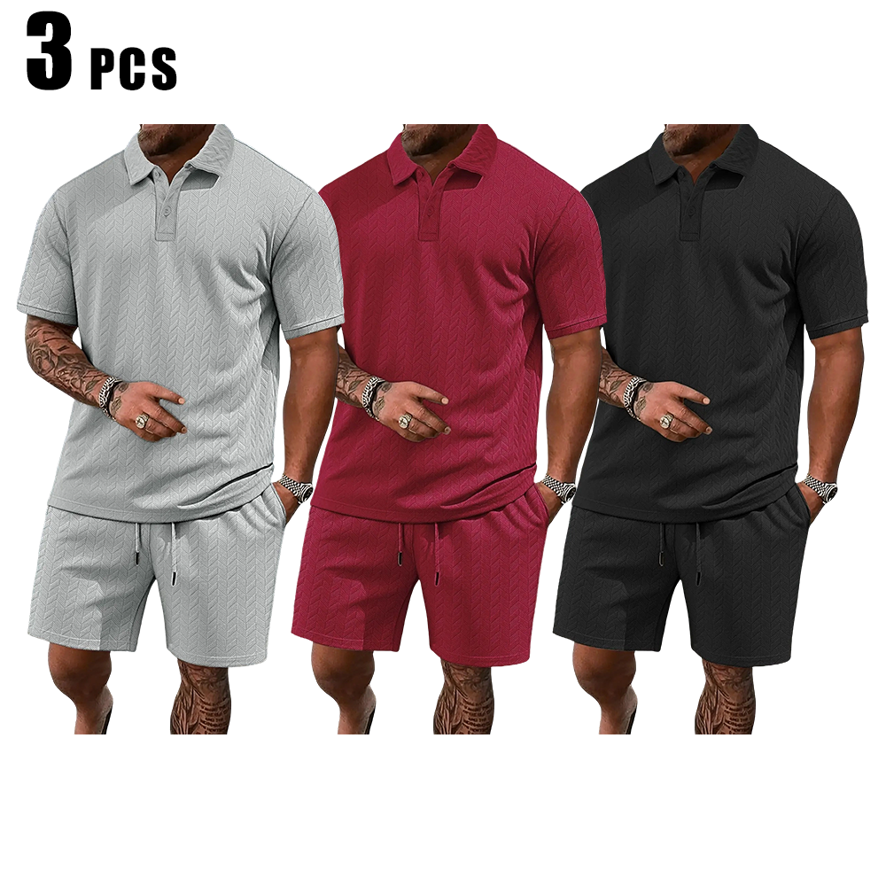 Men's Solid Polo Shirt & Drawstring Waist Shorts Set