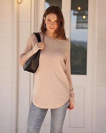 WIHOLL Women's Casual Tunic Tops to Wear with Leggings, Long Sleeve Round Neck Spandex Shirt with Thumb Holes and Curved Hem, Longsleeves, Women's Tops, Fabric, Cuffed Sleeve Women's T-Shirts,clothes for back to school,first day of school outfits,sohochic
