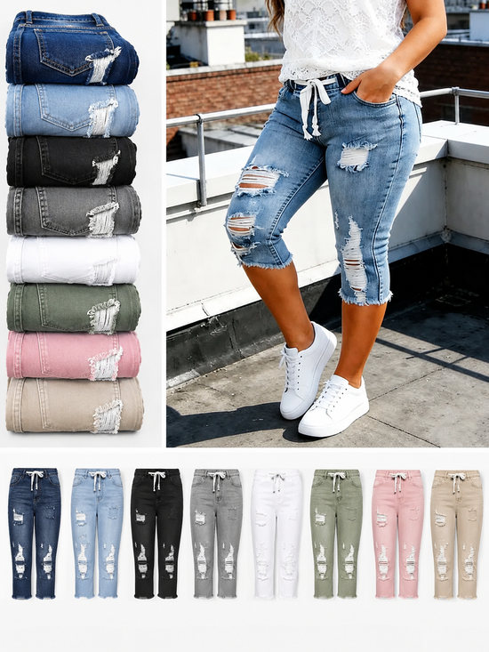 Fashion Distressed Ripped Capri Jeans