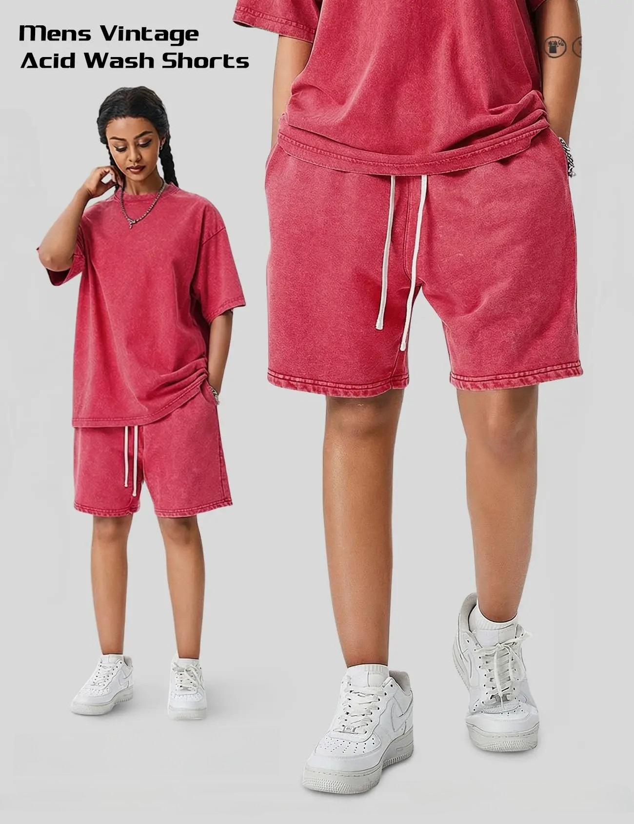 (3-Pack)Vintage Acid Wash Cotton Elastic Drawstring Pocket Casual Athletic Unisex Shorts
