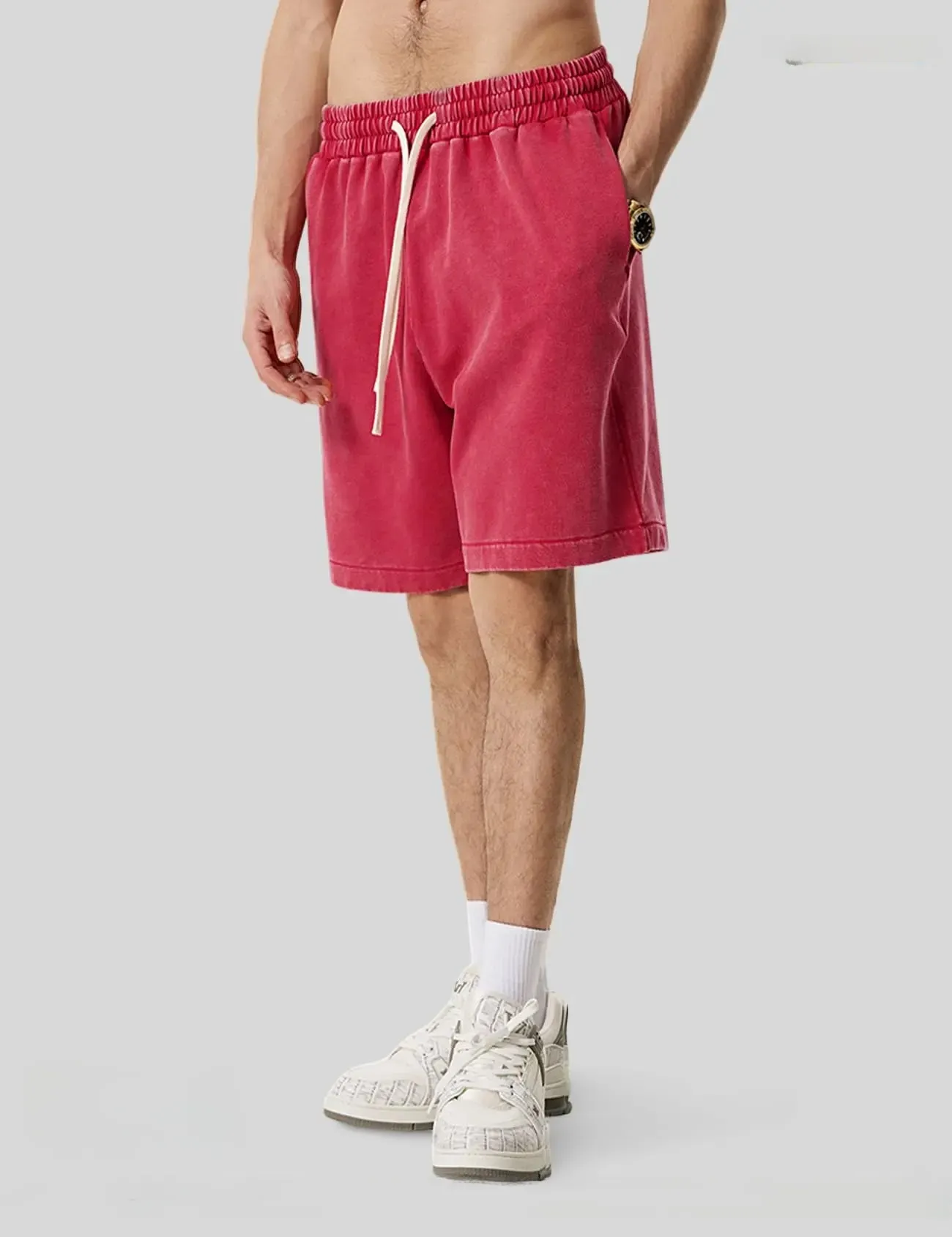 (3-Pack)Vintage Acid Wash Cotton Elastic Drawstring Pocket Casual Athletic Unisex Shorts