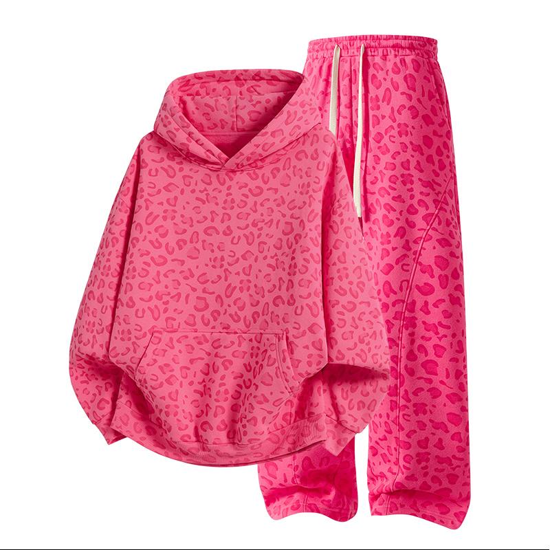 Men's Cotton 2-Piece All-Over Leopard Print Streetwear Set - Loose-Fit Hoodie & Wide-Leg Pants, Casual Unboxing Gift, Multiple Colors