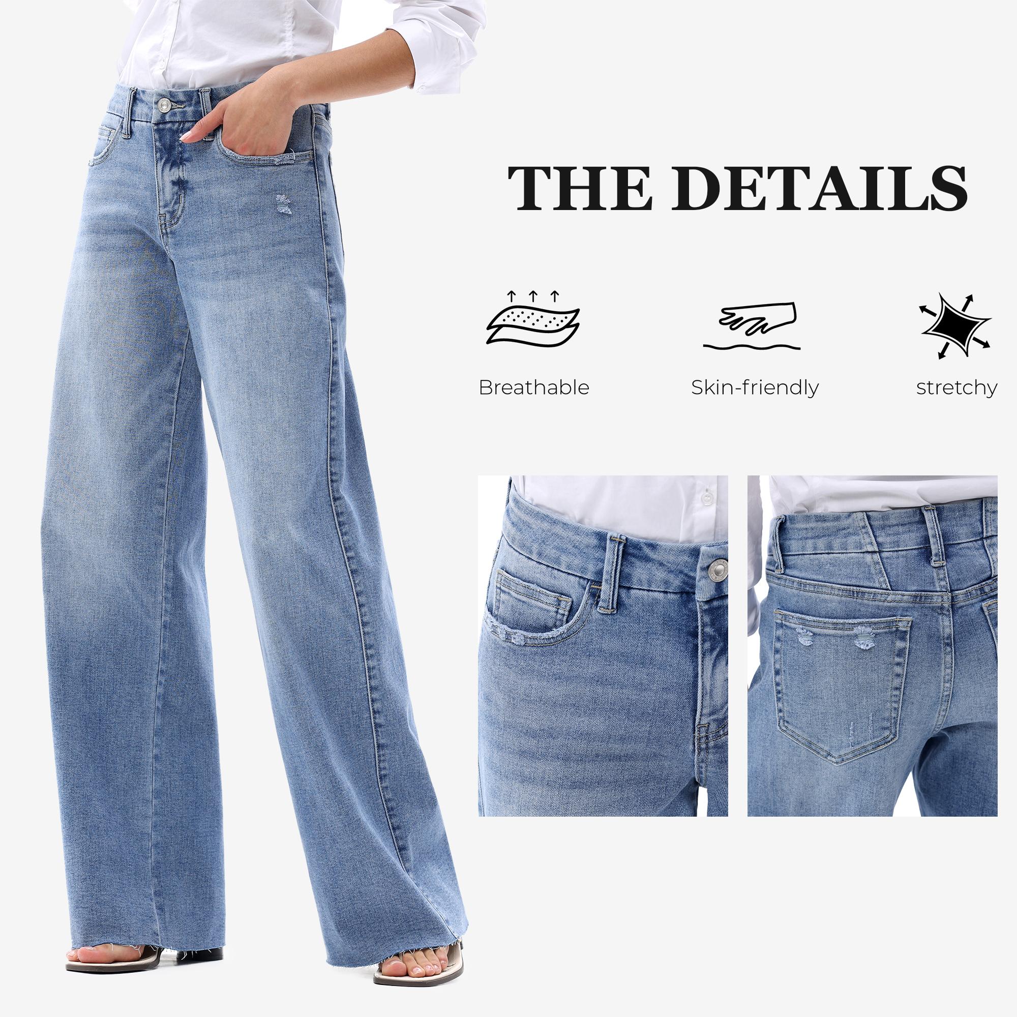 Freya ONESO Women Mid Rise High Stretchy BBL Jeans Butt Lifting Wide Leg Raw Hem Denim Pants Tummy Control Spring Basic Minimalist Woman Denim Bottom Comfortable Denim Jeans OSW8019 Plus Size Regular Size Fashion Daily Outfits DIY Inseams #SummerVibes