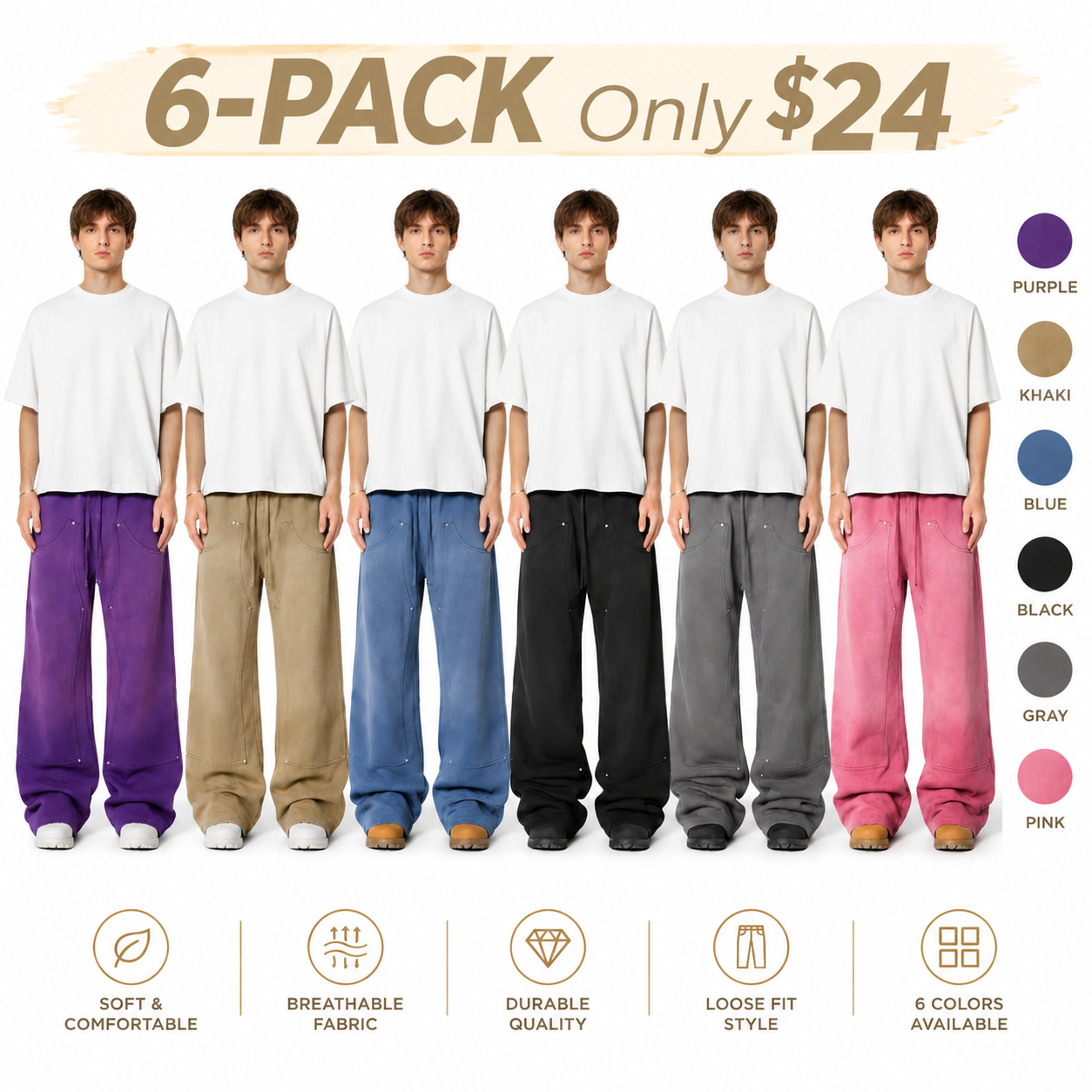 Men's Double-Knee Baggy Pants – Vintage Washed Cotton Streetwear