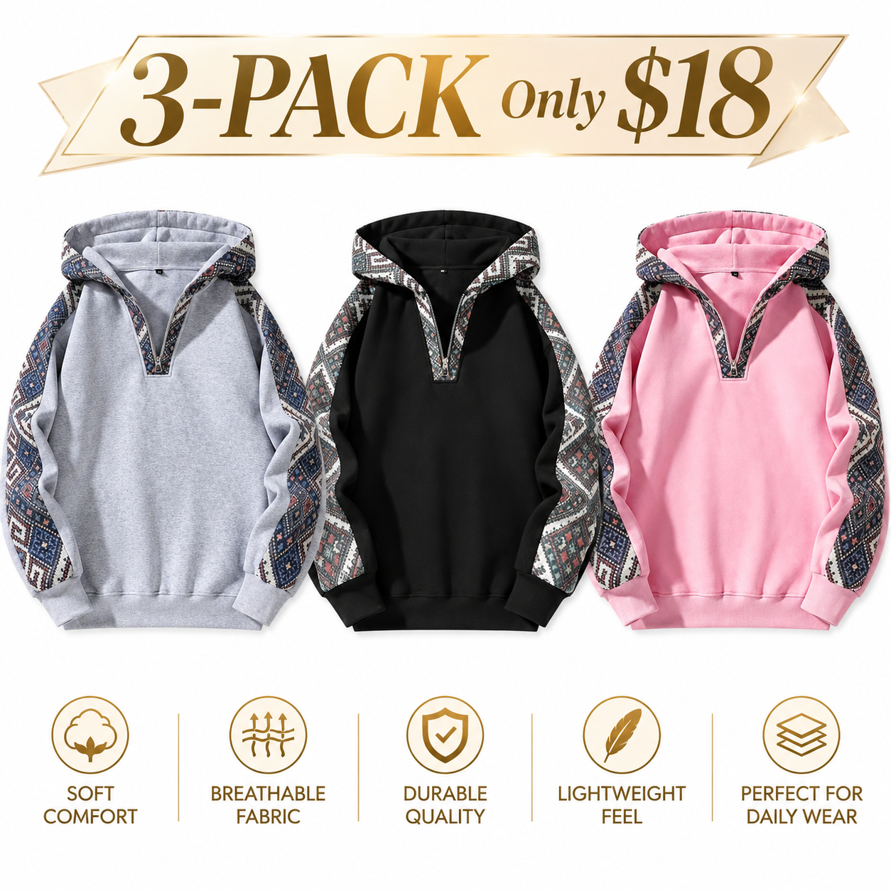 Men's Retro Ethnic Print Quarter-Zip Knit Hoodie