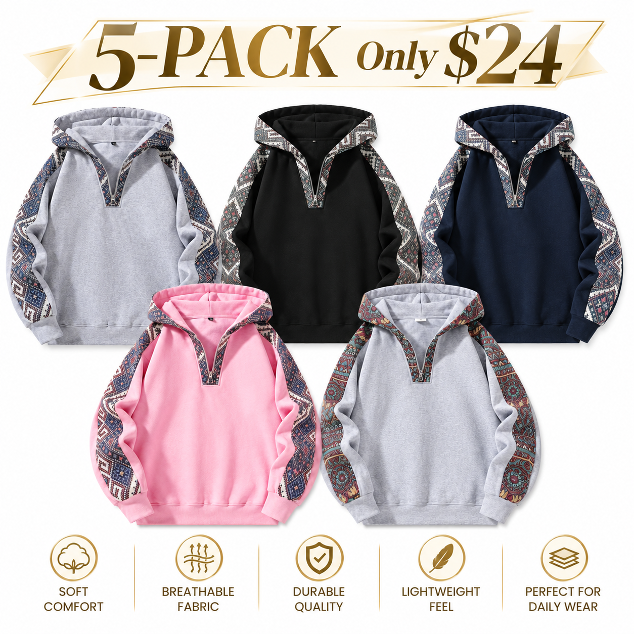 Men's Retro Ethnic Print Quarter-Zip Knit Hoodie