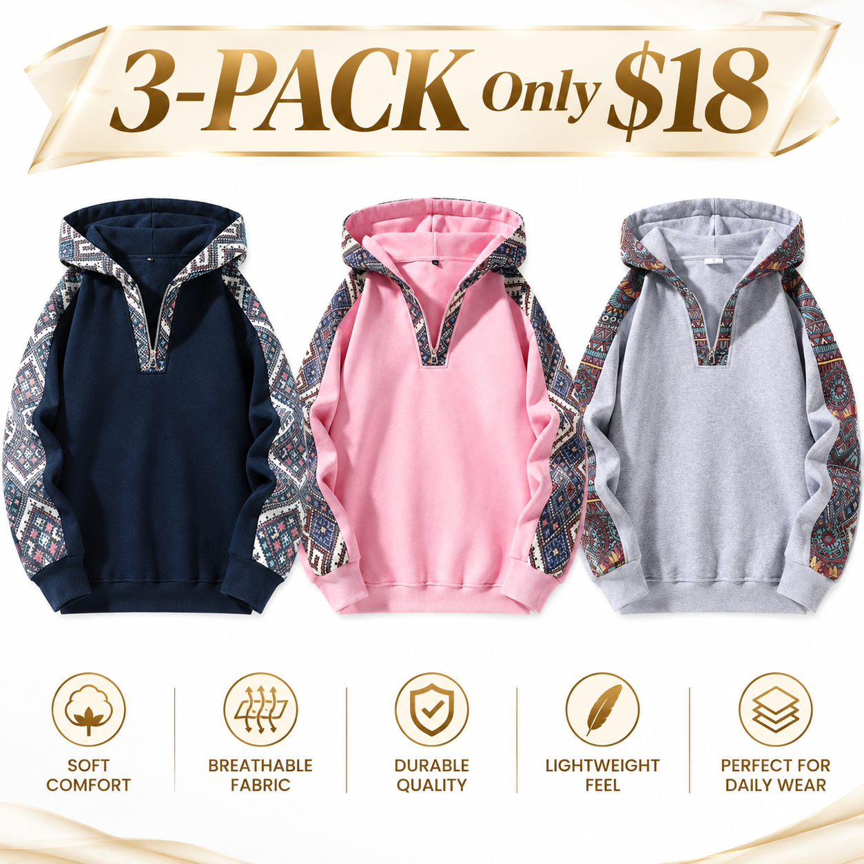 Men's Retro Ethnic Print Quarter-Zip Knit Hoodie