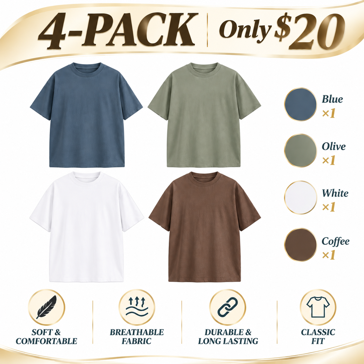 Heavyweight 100% Cotton Drop-Shoulder T-Shirts – Multi-Pack