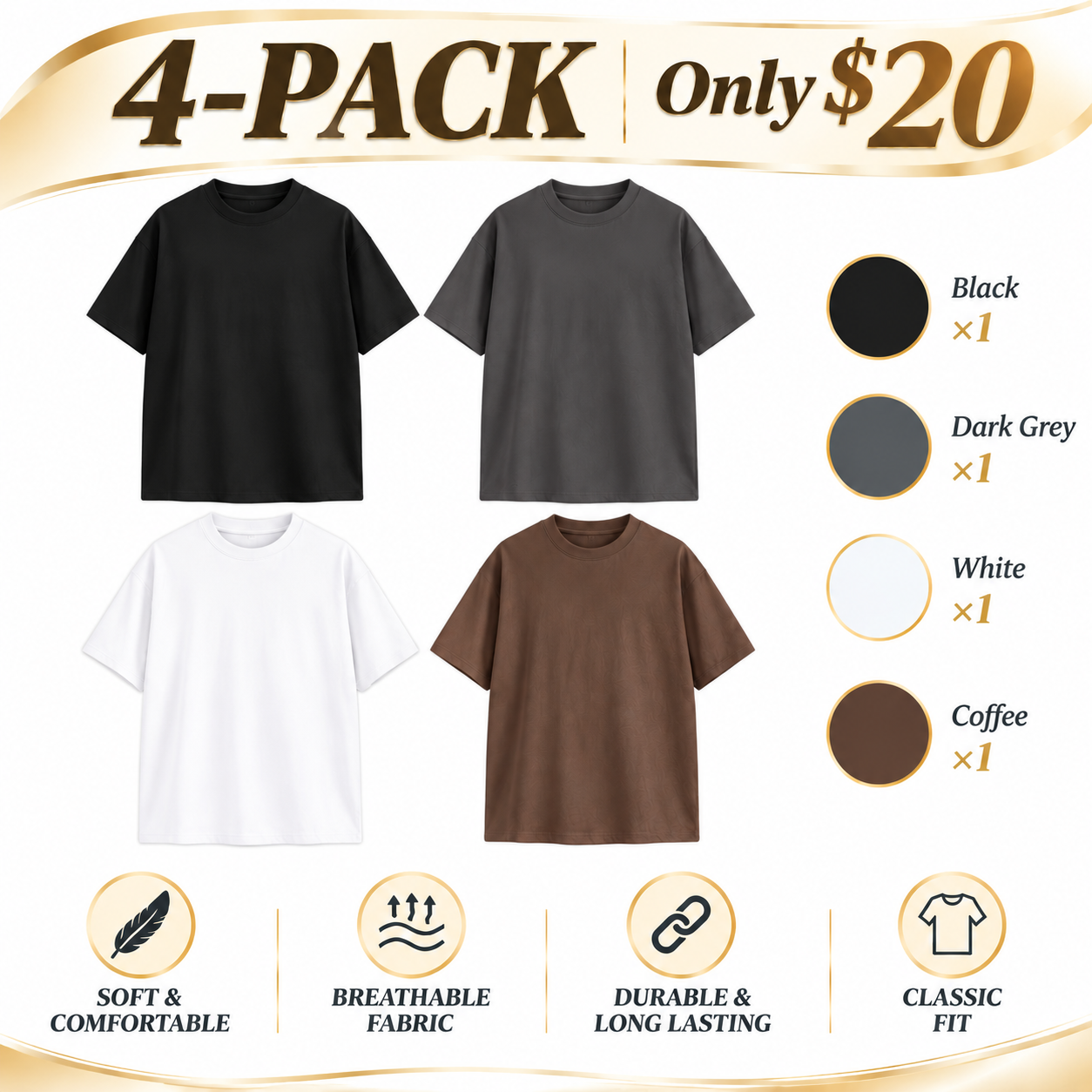 Heavyweight 100% Cotton Drop-Shoulder T-Shirts – Multi-Pack