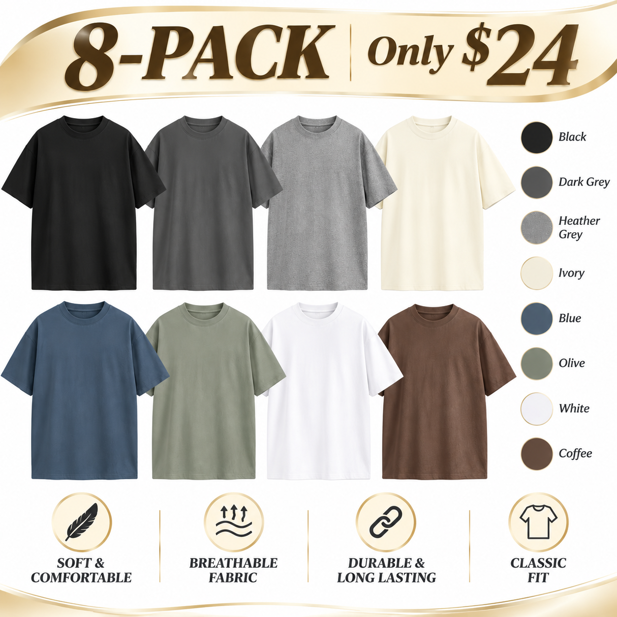 Heavyweight 100% Cotton Drop-Shoulder T-Shirts – Multi-Pack
