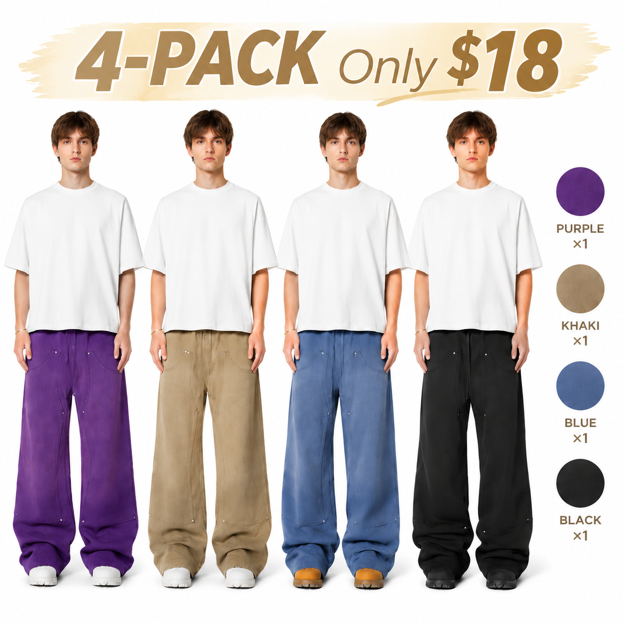 Men's Double-Knee Baggy Pants – Vintage Washed Cotton Streetwear