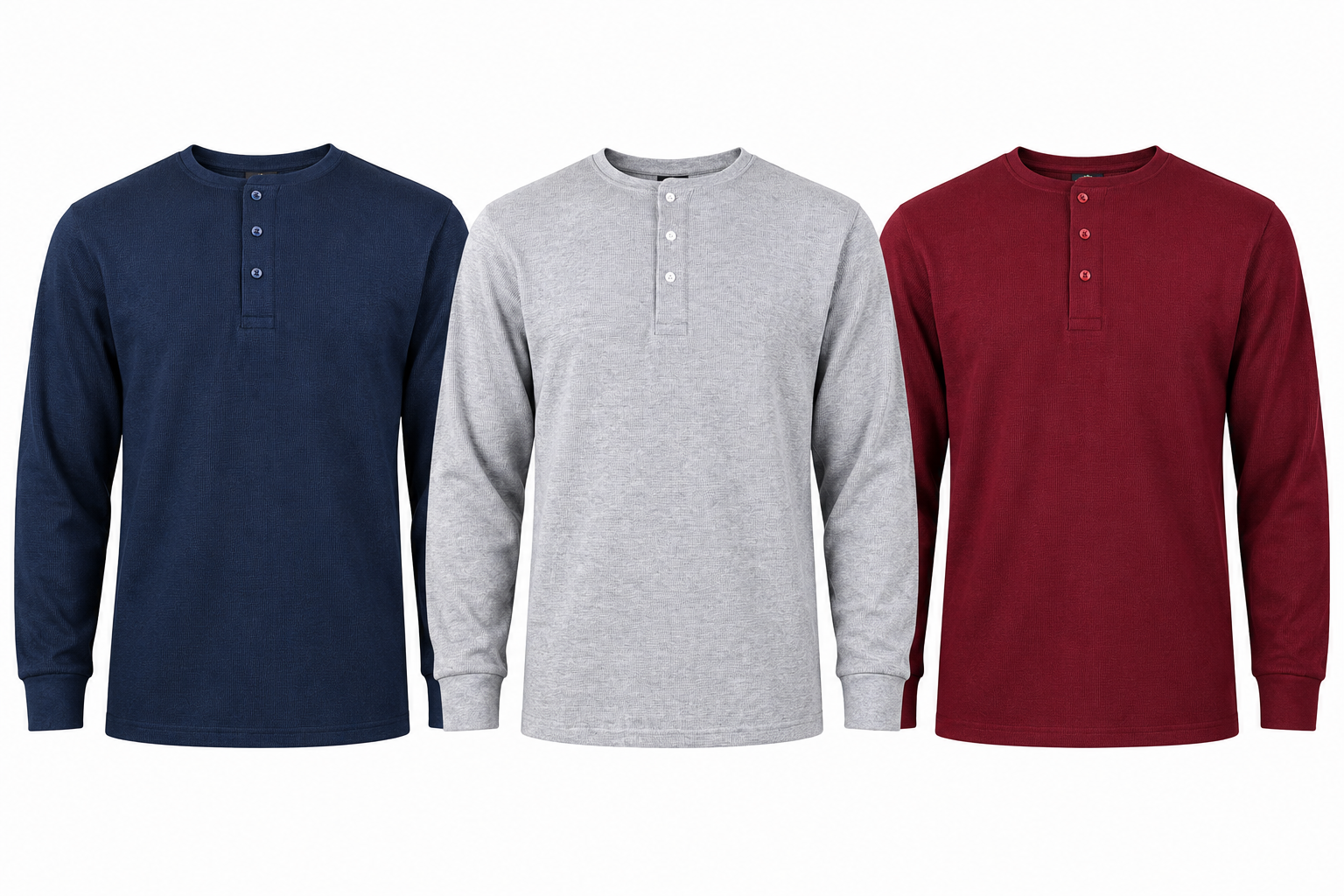 Men’s 3-Pack Long Sleeve Henley Shirts – 3 Classic Colors