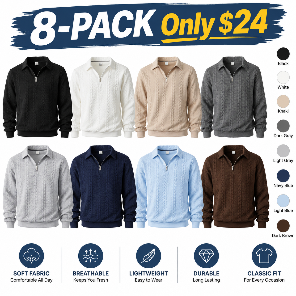 Men's Premium Knit Polo Sweater - Quarter Zip Long Sleeve Pullover for Casual Everyday Style