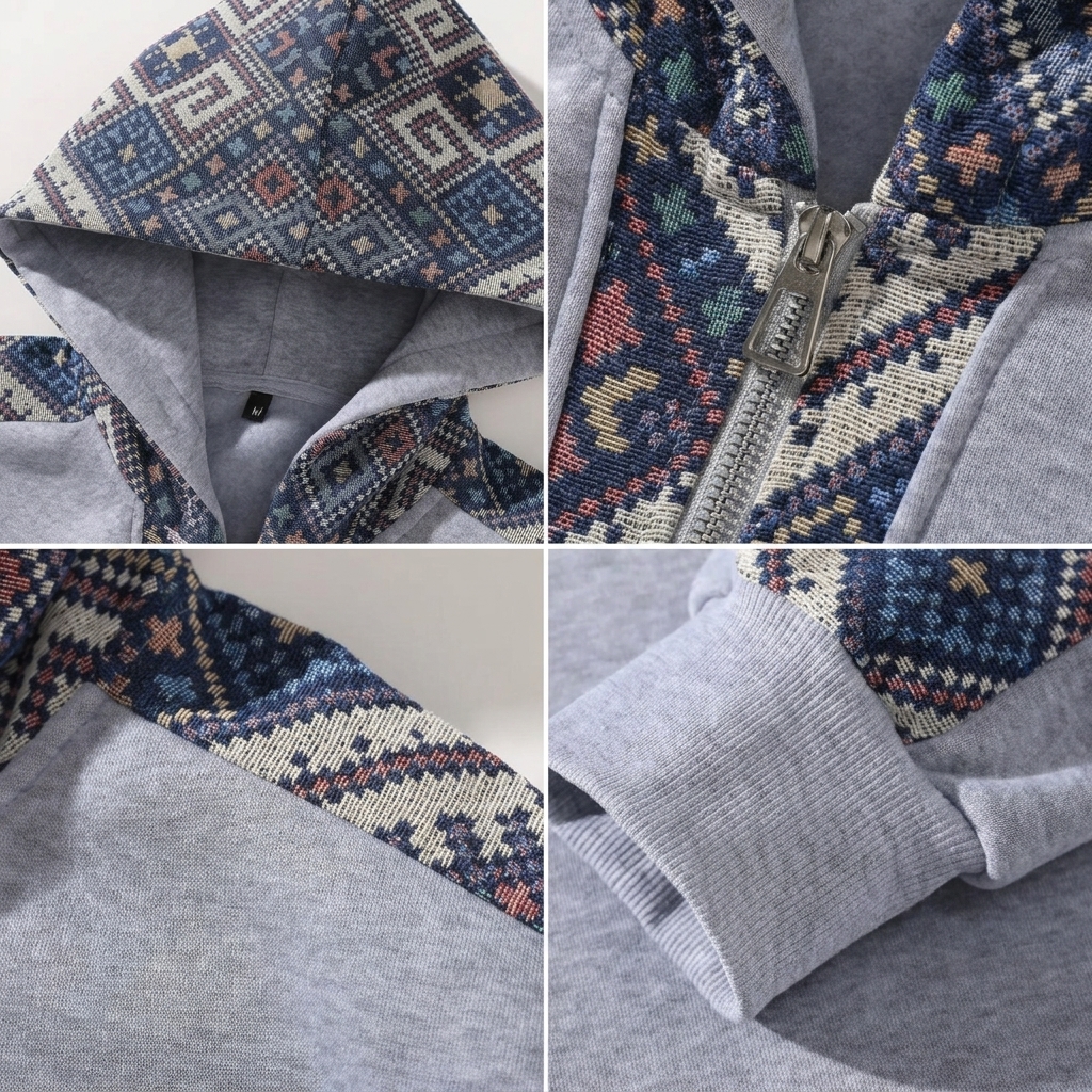 Men's Retro Ethnic Print Quarter-Zip Knit Hoodie