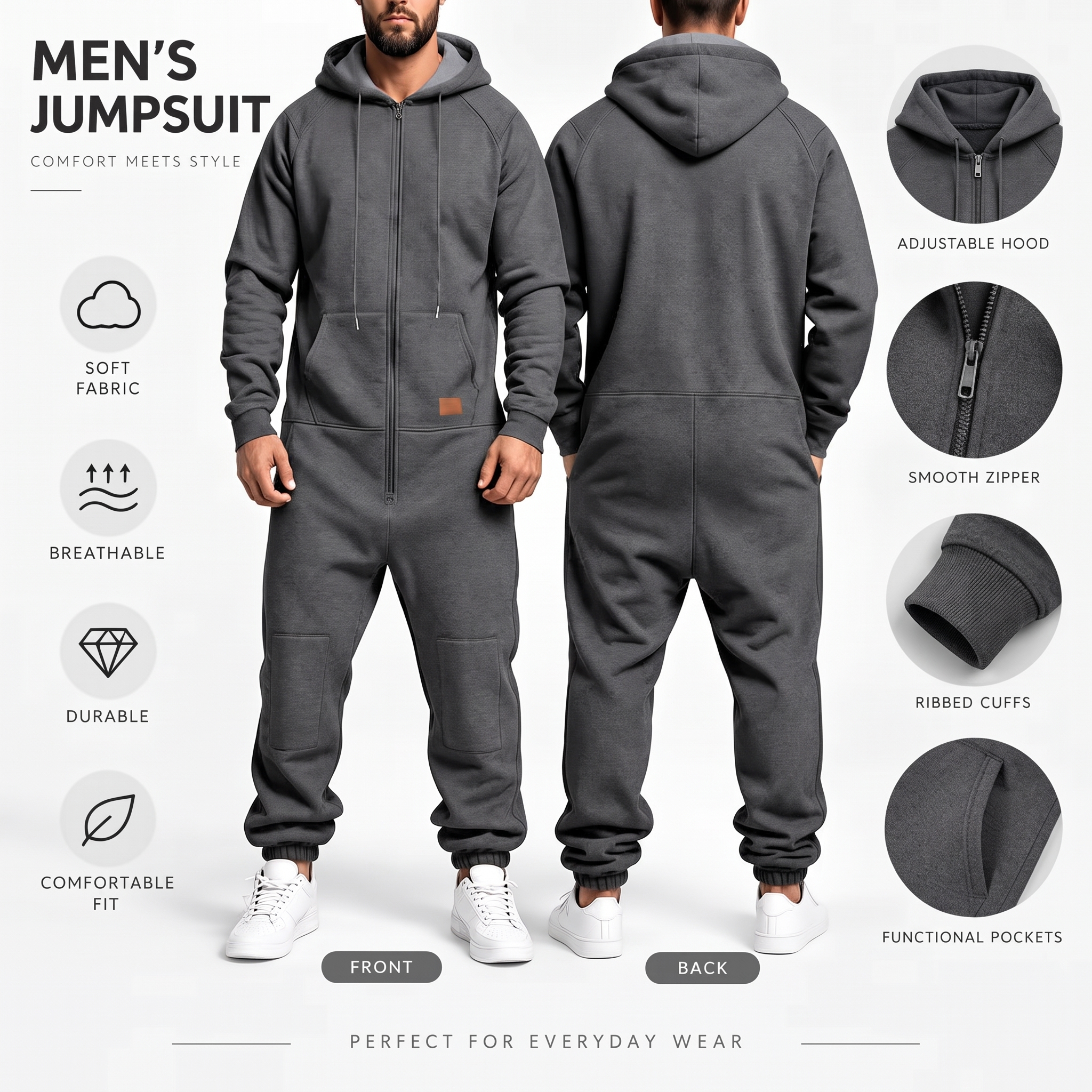 Men’s Hooded Cargo Jumpsuit – Full-Zip Utility One-Piece