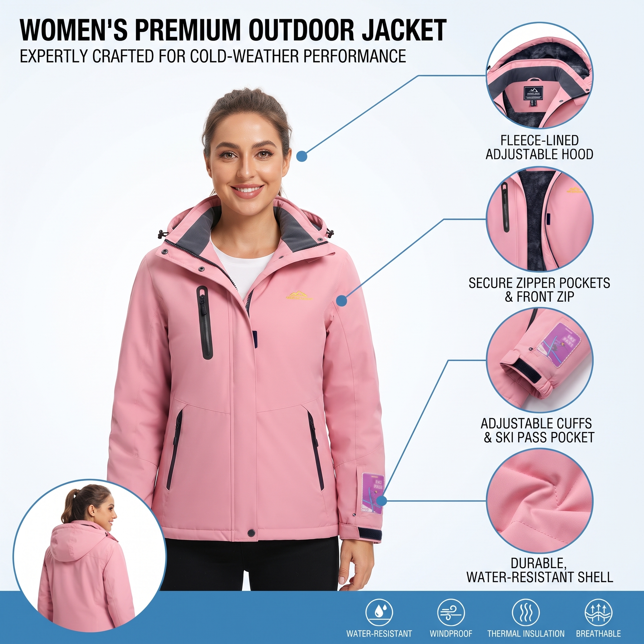 Women’s Waterproof Fleece-Lined Ski Jacket